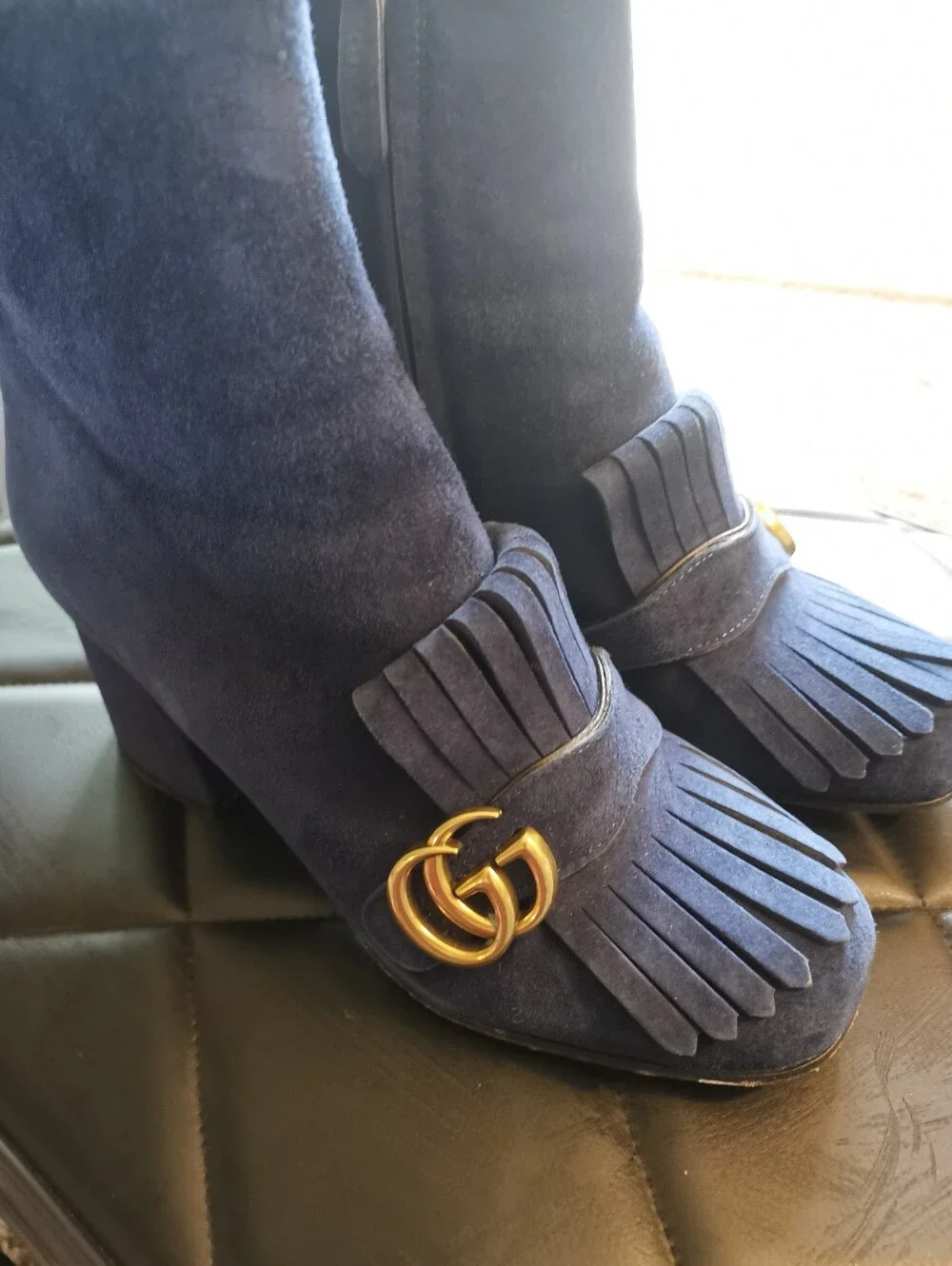 GUCCI Blue Suede Marmont Fringe GG Mid-Heel Ankle Boots Size 37 US 6.5/7